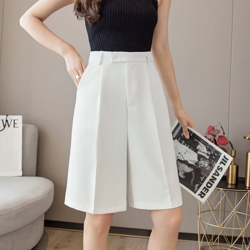 New Wide Leg Capri Bermuda Shorts Mulheres Cintura Alta Branco Preto Draped Suit Shorts Senhora do Escritório Livre Qualidade Bermuda Femme Elegante