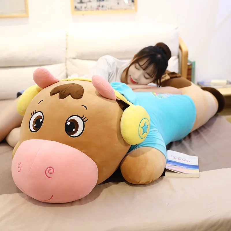 Hot 1pc 65/85cm Cute Lying Cow Plush Pillow Toys Cartoon Soft Zodiac Cattle with Headphone Doll Baby Kids Creative Birthday Gift