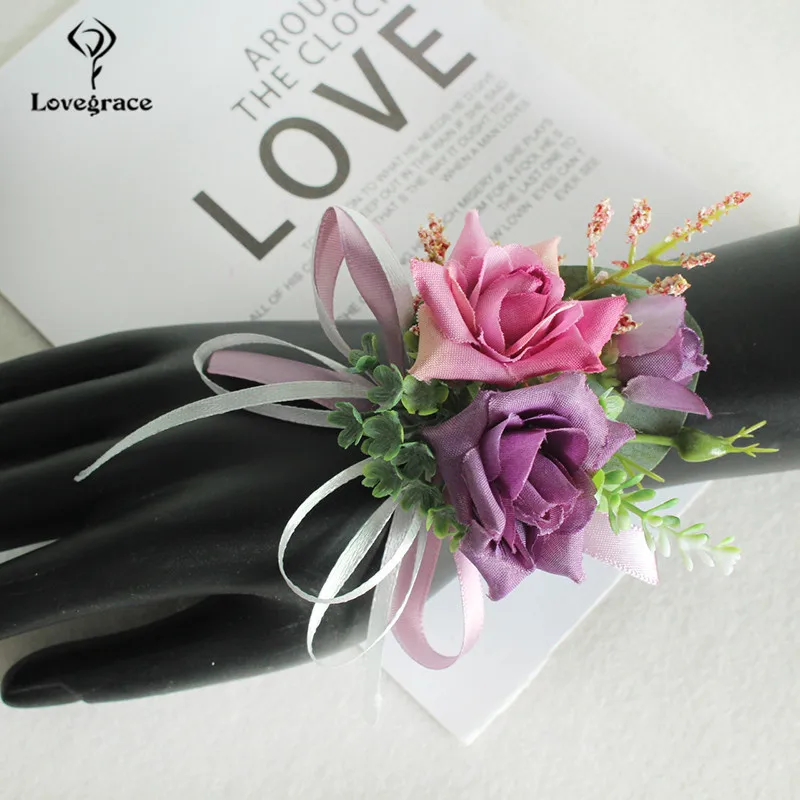 Lovegrace Wedding Boutonniere Bloem Bruidsmeisje Pols Corsage Armband Bruidegom Boutonniere Huwelijk Bruiloft Getuige Roze Zijde Roos