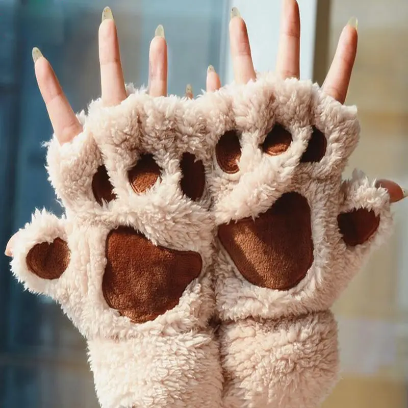 ฤดูหนาวผู้หญิงแมวน่ารัก Paw Plush Mittens Warm Soft สั้น Fingerless ถุงมือครึ่งนิ้ว