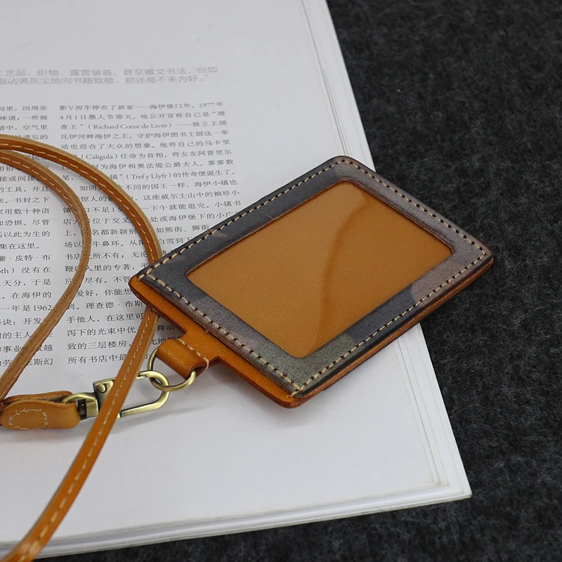 

ID Badge Holder For Office Woek Genuine Leather Camouflage Color Cowhide Neck Lanyard Identity Bus Card Bag Vertical Style