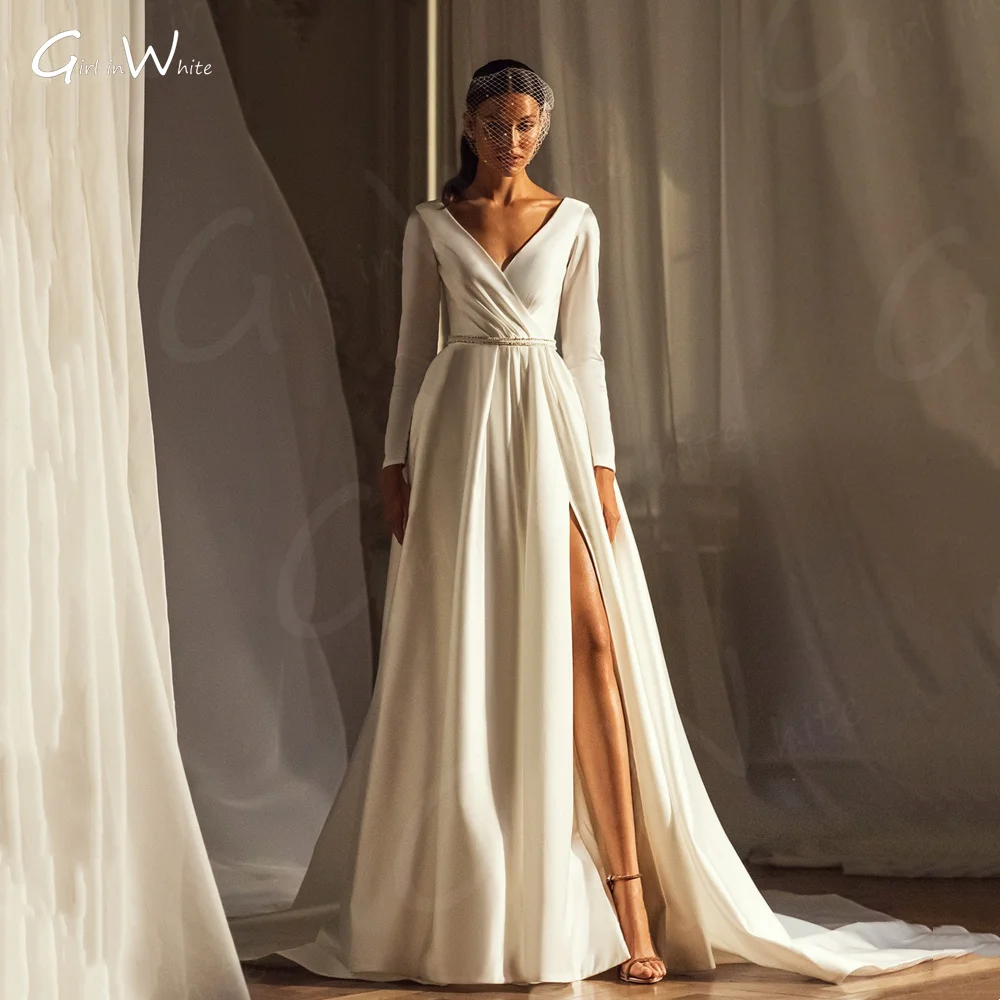 Robe De Mariee Elegant V-Neck Simple A-Line Wedding Dresses Hight Split customized Long Sleeve Satin Royal Train Bridal Gown