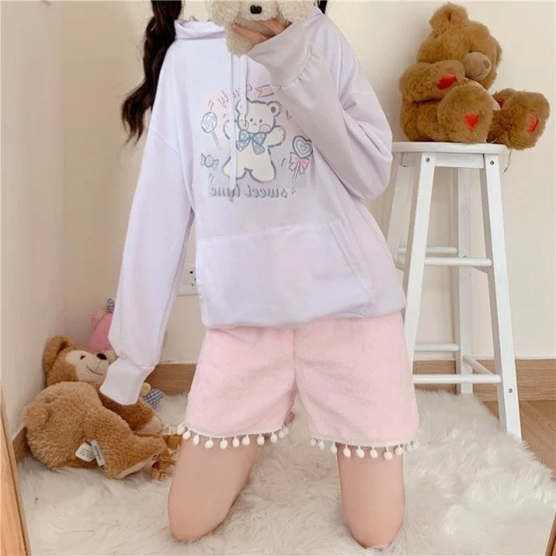 반바지 여성 탄성 허리 아늑한 벨벳 겨울 Ins Homewear Kawaii 일본식 모든 경기 솔리드 부드러운 캐주얼 세련된 하이틴 뜨거운