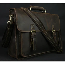 Maleta de couro genuíno para homens, vintage, cavalo louco, trabalho, negócios, ombro, bolsa de mensageiro, bolsa masculina, M088, 15 