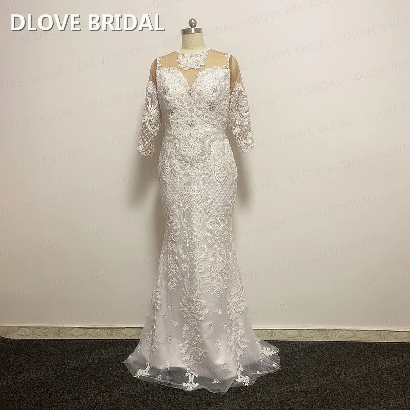 Abito da sposa a maniche lunghe taglie forti abito da sposa in pizzo con perline unico DLOVE abiti da sposa nuovo stile foto reali