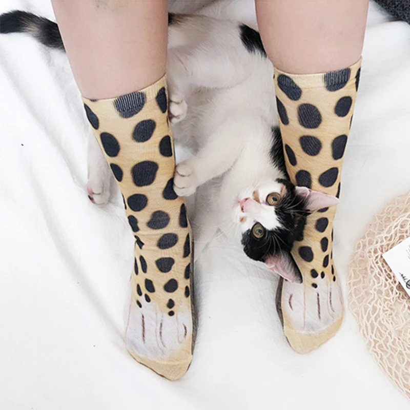 3D Simulation Animal Cat Foot Socks Unisex Funny Cotton Long Socks Fashion Leopard Tiger Harajuku Christmas Middle Tube Sock