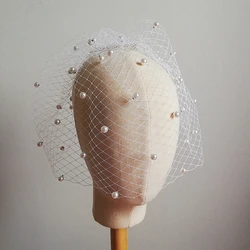 Velo de jaula de red de malla de marfil blanco con peine de Metal, cuentas de perlas, tocado de boda Vintage, velo de Novia, gasa de matrimonio, nuevo