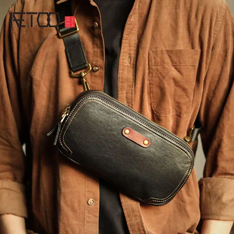 AETOO Leather chest bag, men's clutch, cowhide simple messenger bag, large-capacity mobile phone bag