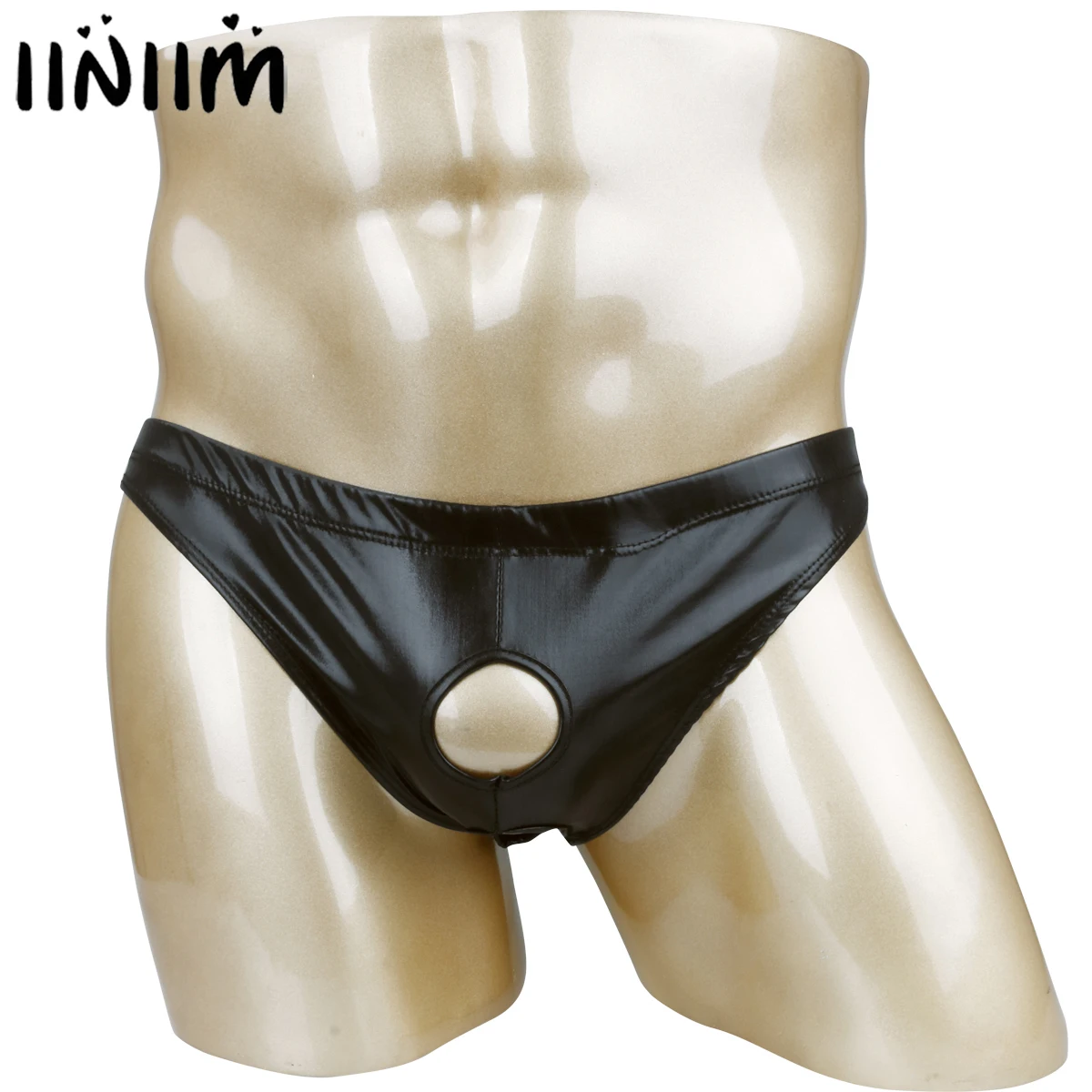 Mens Gay Underwear Shiny Wet Look Leather Bikini Briefs Sexy Open Butt Sissy Panties with Holes Homme Jockstraps Latex Lingerie