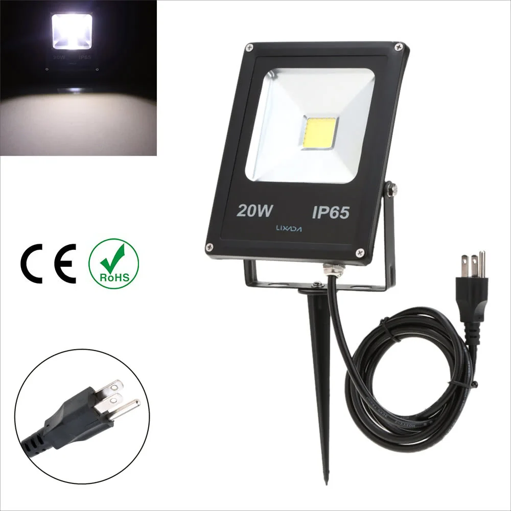 Lixada Real Power 20W IP65 Water Resistant LED Flood Light Lamp with US Plug Inserting Bracket 85-265V for Garden Outdoor Illumi