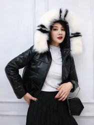 100% Real Sheepskin Coat Female Winter Natural Fox Fur Hooded Duck Down Jacket Women Genuine Leather Down Coat Hiver 1921