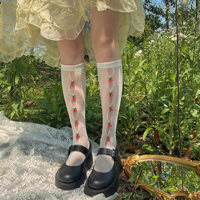 

Vigorous Cute Cherry Hollow out Lace Stockings Sweetheart Girly Style Fishnet Thin Mid-Calf Length Socks