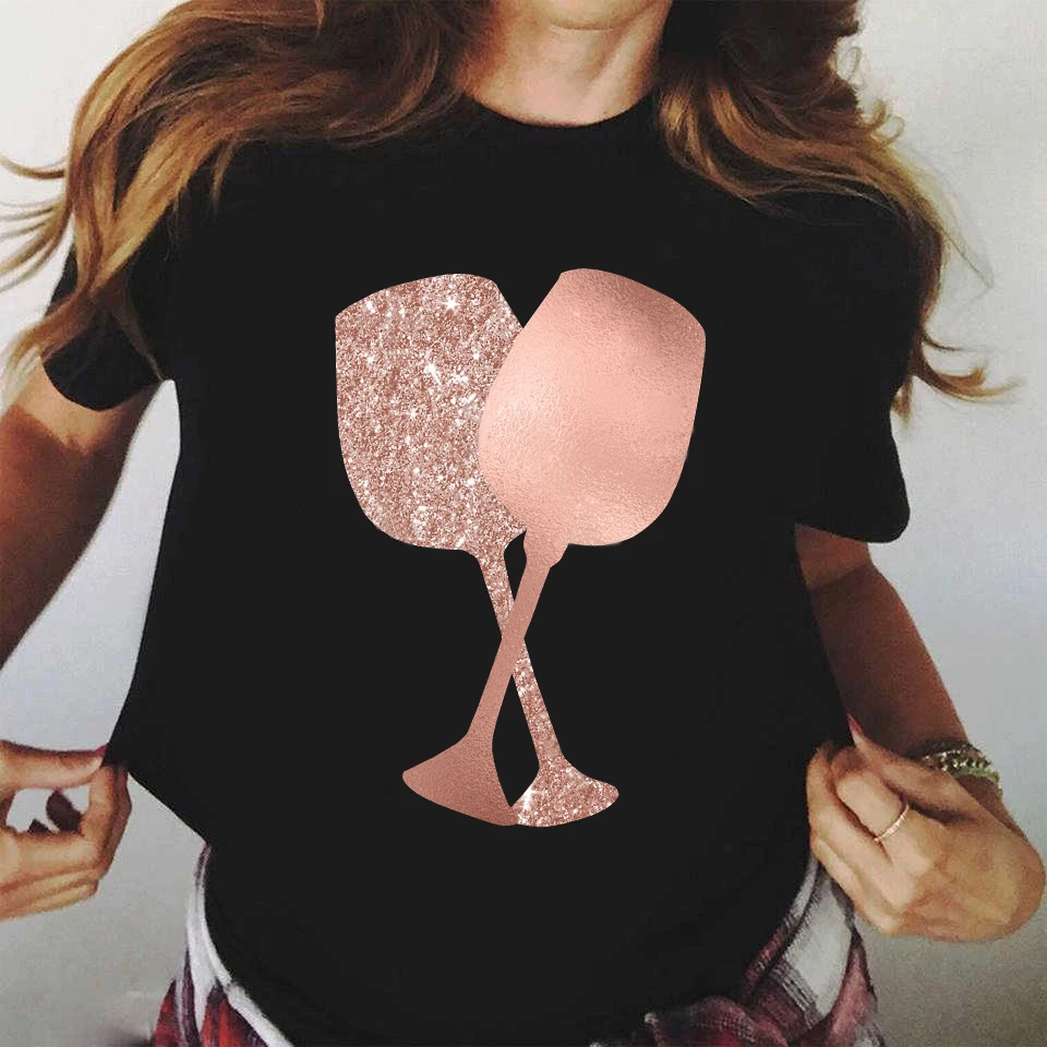 New Rose Gold Wine Glasses Tshirts Women Short-sleeve Tee Shirt Wine Glass Funny T Shirts 90s Ulzzang Female Black Tops Tees