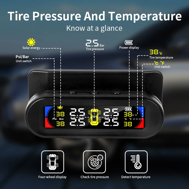 TPMS color large screen wireless tire pressure temperature alarm monitoring system solar charging  IP67 waterproof tpms sensors