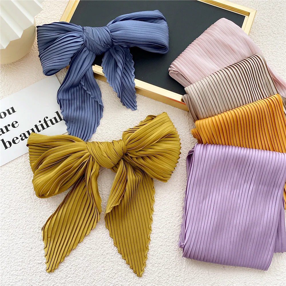 Women\'S Pleated Print Silk Scarf Satin Spring Summer Scarves 70*70cm Square Neckerchief Solid Color Headscarf Decorative