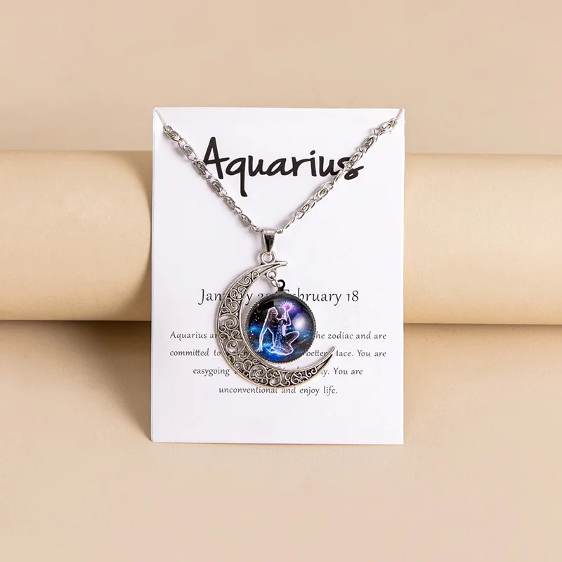 Vintage 12 Zodiac Sign Moon Pendant Necklaces Galaxy Star Glass Necklace For Women Girls Gifts