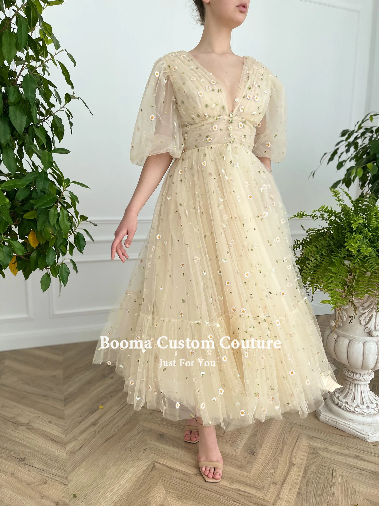 Booma Deep V-Neck Beige Tulle Midi Prom Dresses Half Puff Sleeves Embroidered Lace Prom Gowns Tea-Length Wedding Party Dresses