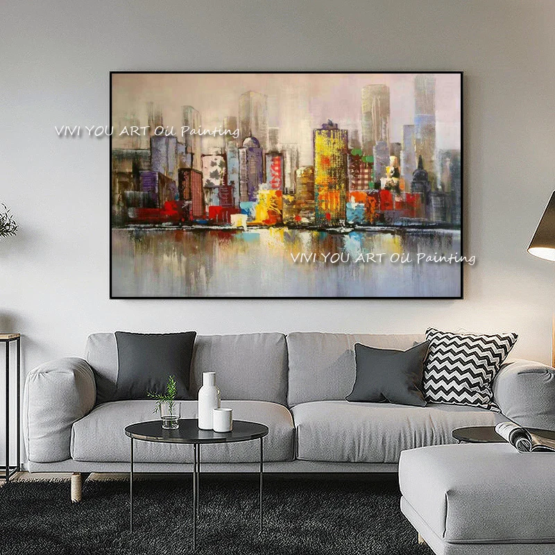 100% Handpainted Modern Waterfront Urban Abstract Oil Painting, Thick Textured Color Building Canvas Wall Art for Office Unframe