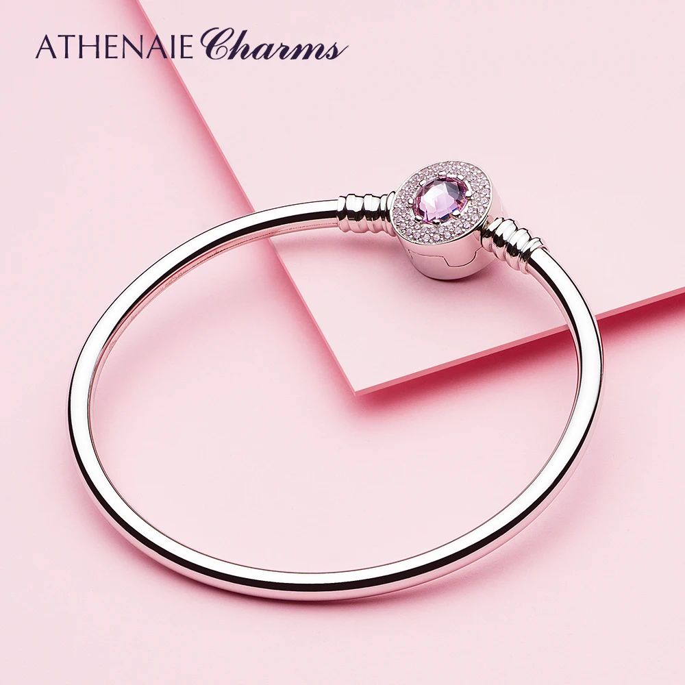 

ATHENAIE 925 Sterling Silver Pave Pink CZ and Enamel Clasp Basic Charms Bracelet & Bangle For Women Murano Glass Beads Charm