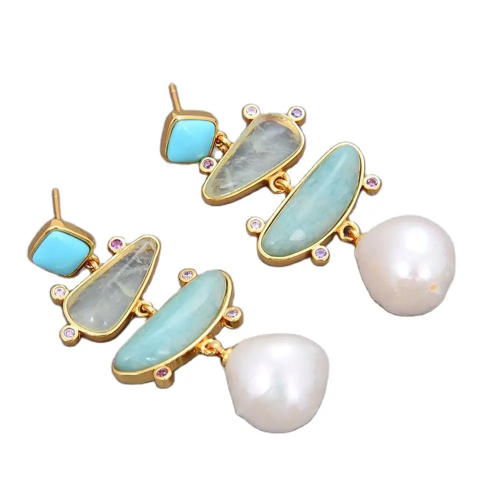 GuaiGuai Jewelry Freshwater White Pearl Blue Turquoise Green Amazonite Dangle Stud Earrings