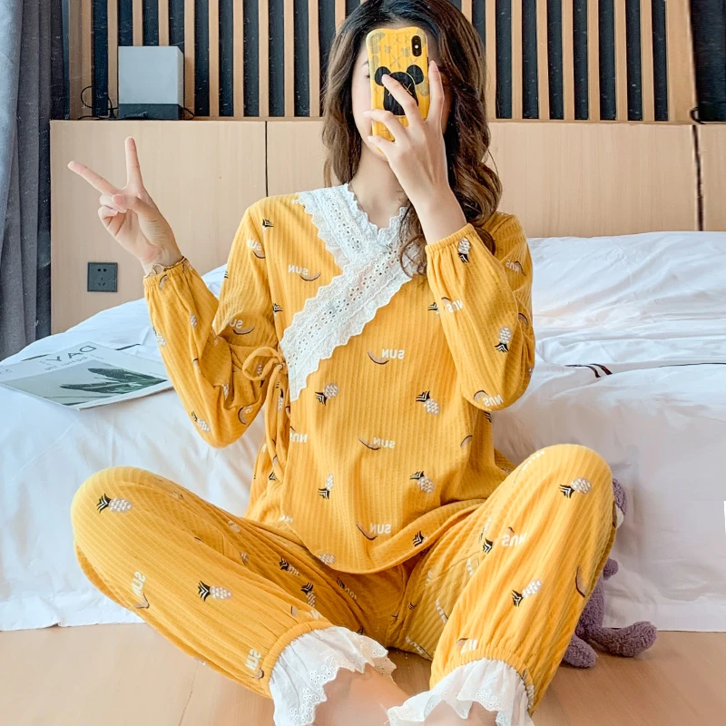 Japanese-style kimono two-piece sexy lace pajamas autumn new ladies' home wear cotton printed hot sale robe suit pijamas women