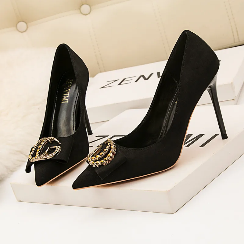 

New fashion elegant banquet women's high heel suede diamond metal button wedding shoes single shoes