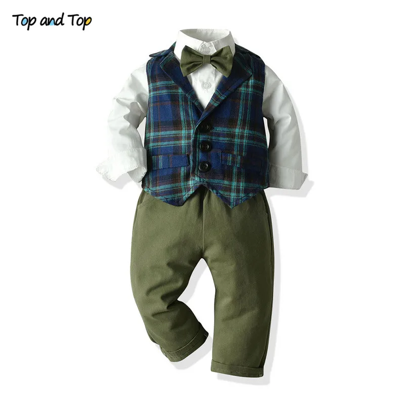 

Top and Top Little Boys Clothing Set Long Sleeve Bowtie Shirt+Plaid Vest+Trousers Gentleman 3Pcs Suit Boys Casual Wear Tuxedo