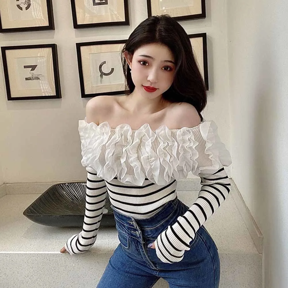 Women New Knitted Sweater Spring Autumn 2022 Korean Style Slash Neck Fungus Colorblock Pullovers Outwear Casual Knitwear Tops