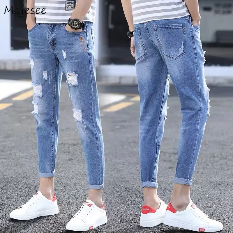 

Men Jeans Ankle-length Holes Straight Washed Leisure Denim Trousers Teens Chic Streetwear Mens All-match Big Size 34 Vintage New