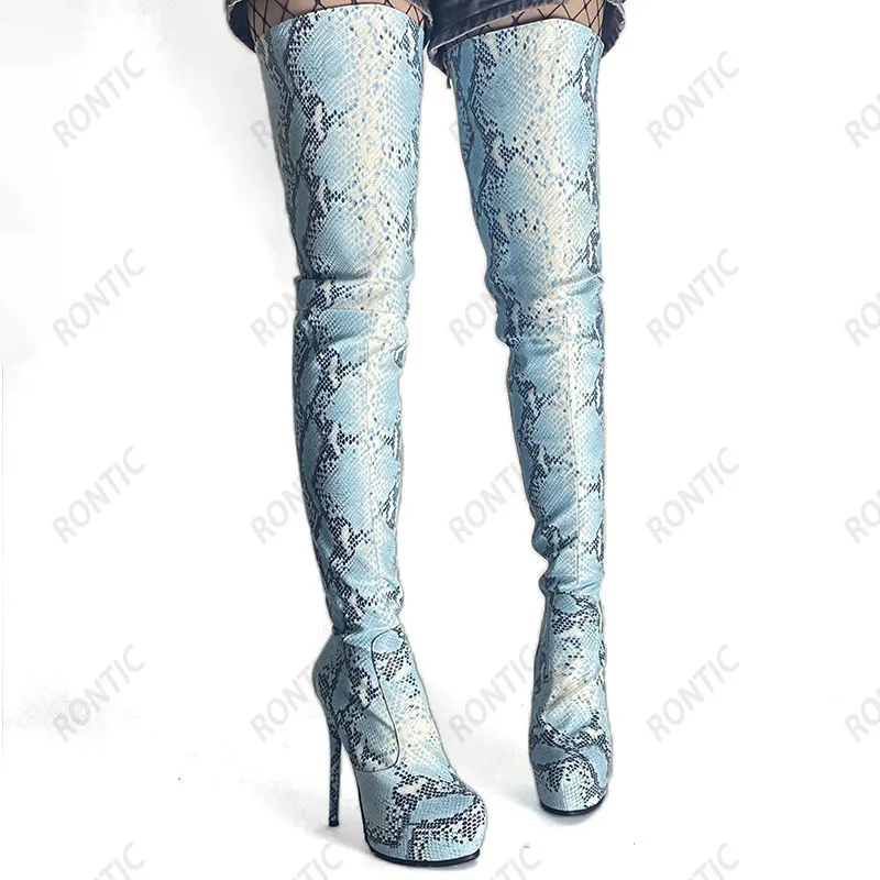 Rontic Women Winter Crotch Boots Hidden Platform Snake Stiletto Heels Round Toe Fabulous Light Blue Party Shoes US Size 5-20