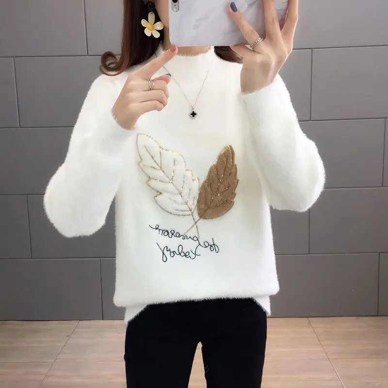 

Mink Velvet Pullover Sweater Women 2024 New Autumn Winter Jacket Female Short Warmth Thick Inner White Knitted Bottoming Shirt