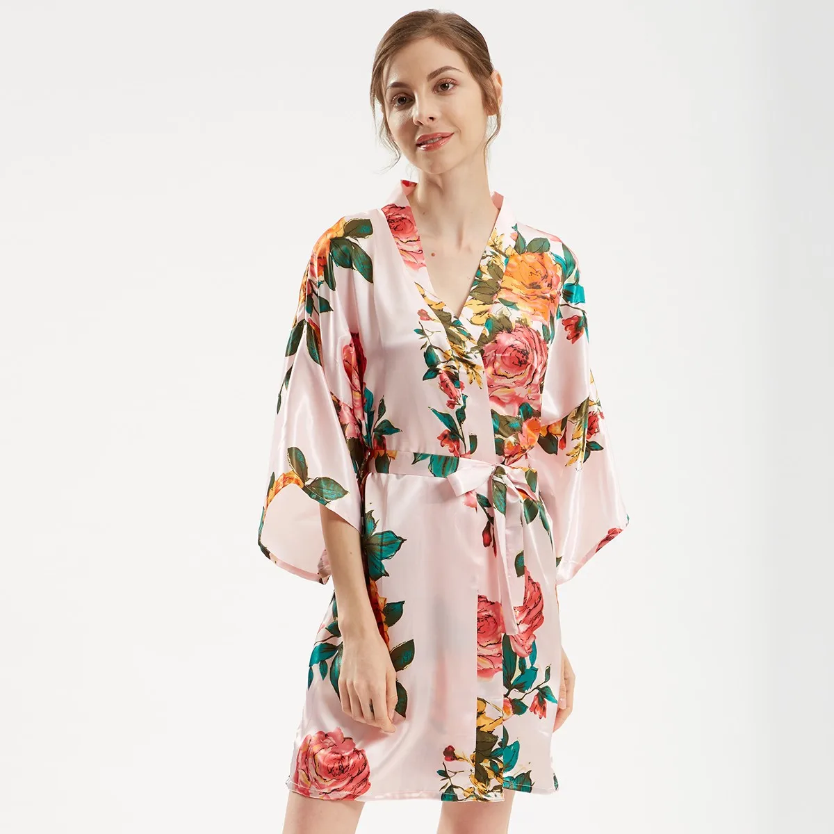 Women Kimono Bathrobe Gown Pink Print Flower Bride Bridesmaid Wedding Robe Casual Nightgown Sleepwear Plus Size Sexy Home Dress