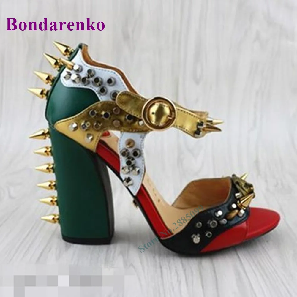 Chunky Heel Rivet Ankle Sandals Open Toe Buckle Straps Mixed Colors Shallow Sexy Lady Summer Fashion Party Dress Sandals Shoes