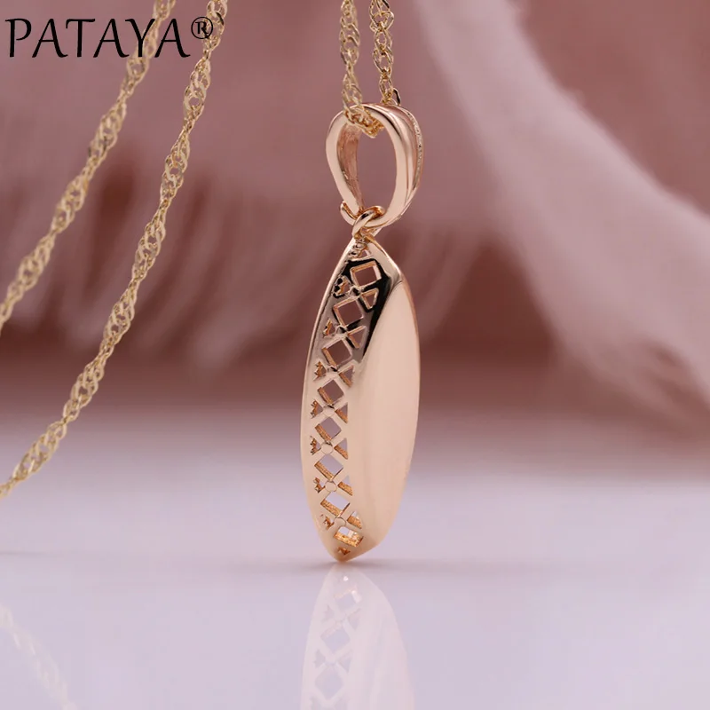 PATAYA New Fashion Glossy Pendant Women Necklace Christmas Gift Wedding Jewelry 585 Rose Gold Color Weaving Rhombus Necklace