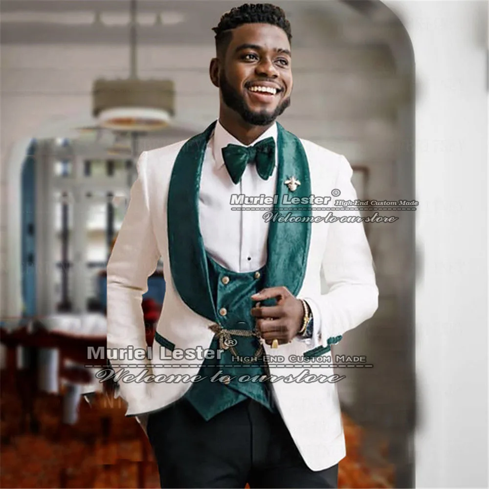 Handsome Jacquard Men Suits Smoking Business Blazer Velvet Lapel Jacet+Vet+Pants Wedding Tuxedos Evening Party Prom Dress 2022