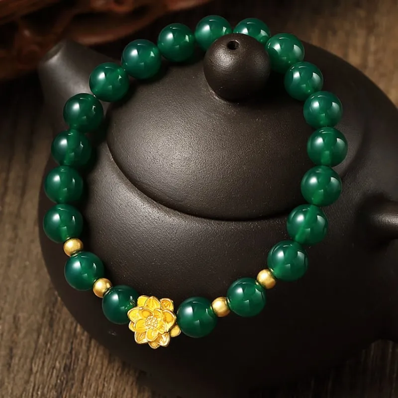 999 Pure Real 24K Yellow Gold Bracelet For Women 3D Beauty Lotus with 4mm Bead 8mm Green Agate Red Agate Bead