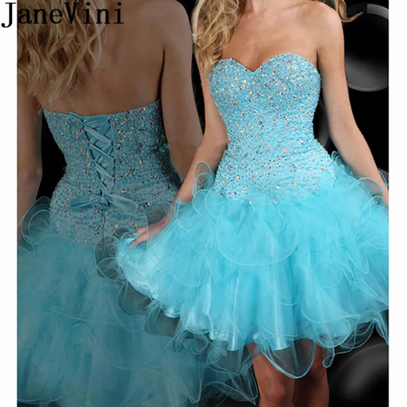 

JaneVini Sparkly Beaded Short Homecoming Dresses Crystal Blue Organza Sweetheart Graduation Gowns for Girls Robe Courte 2019