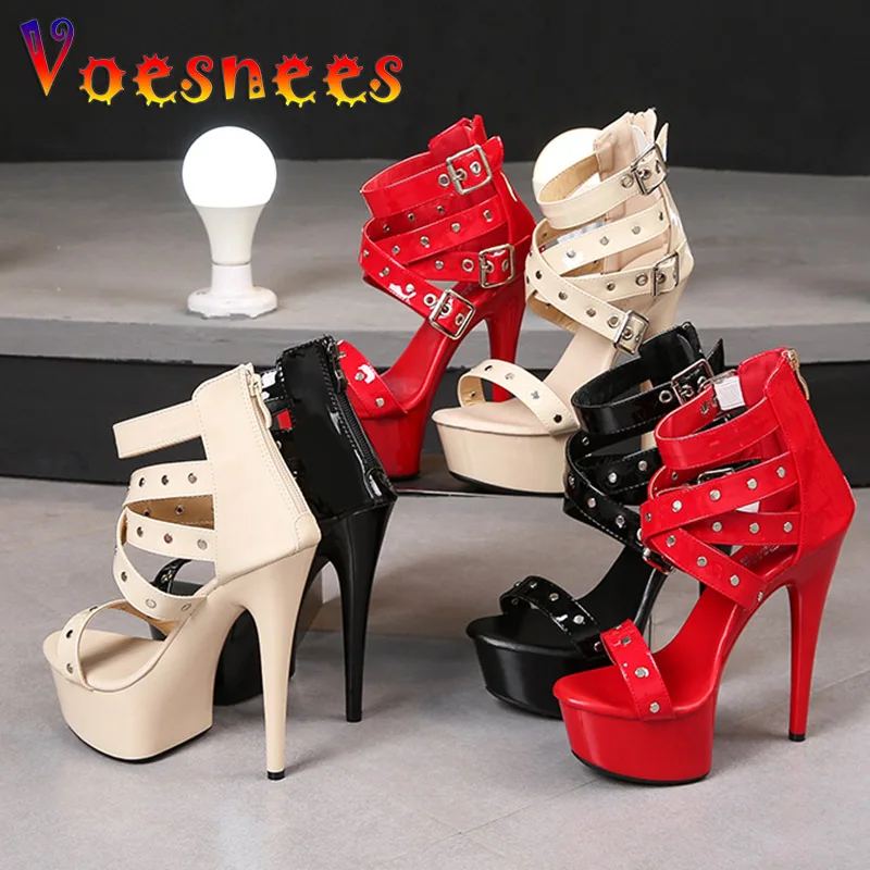 2021 Summer New Women Sexy Platform High Heels 15CM Pole Dancing Rivet Sandals Ankle Strap Cover Heel Exotic Zipper Dancer Shoes