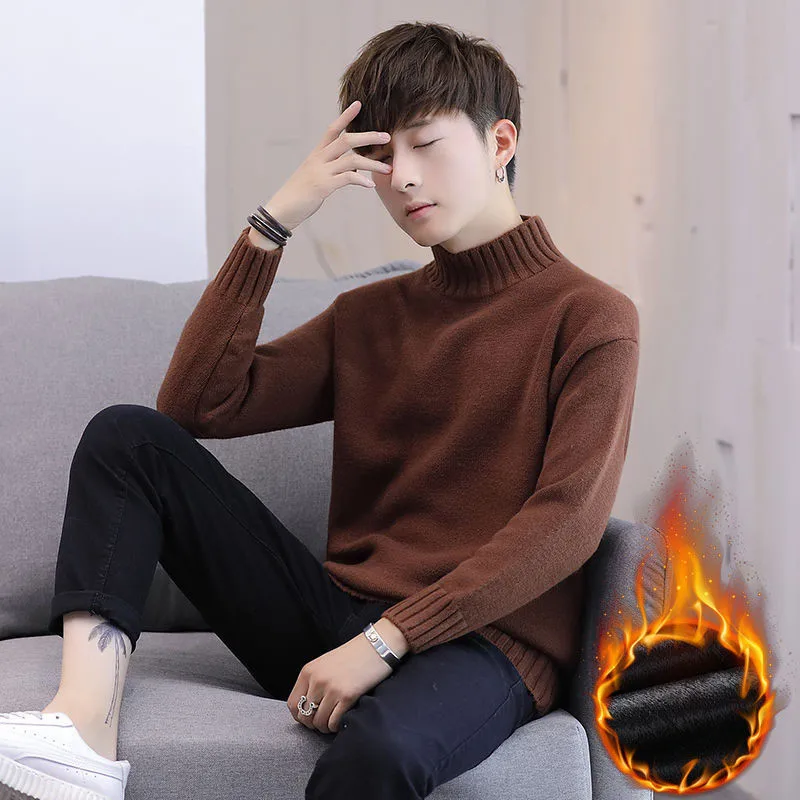 2019 Autumn Casual Men's Sweater Half collar Neck Solid Slim Fit Knittwear Mens Sweaters Pullovers Thick Warm