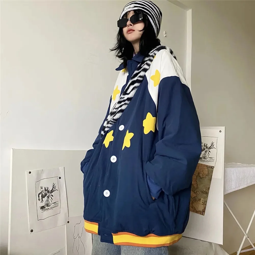 Baggy Streetwear Star Print Casual Jacket Women Loose Winter Harajuku Thicken Coats Vintage Korean Hip Hop Student Tops Female