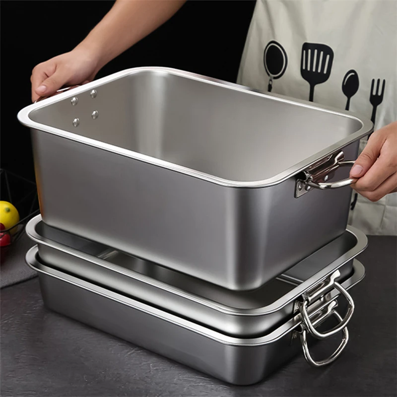 Thicken Stainless Steel Square Basin Deep Plate Fruit Food Storage Tray with Handle Cake Bread Loaf Pans Kitchen Baking Dish