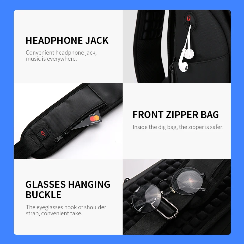Fenruien Multifunction Crossbody Bags Men USB Charging Chest Pack Short Trip Messengers Chest Bag Water Repellent Shoulder Bag