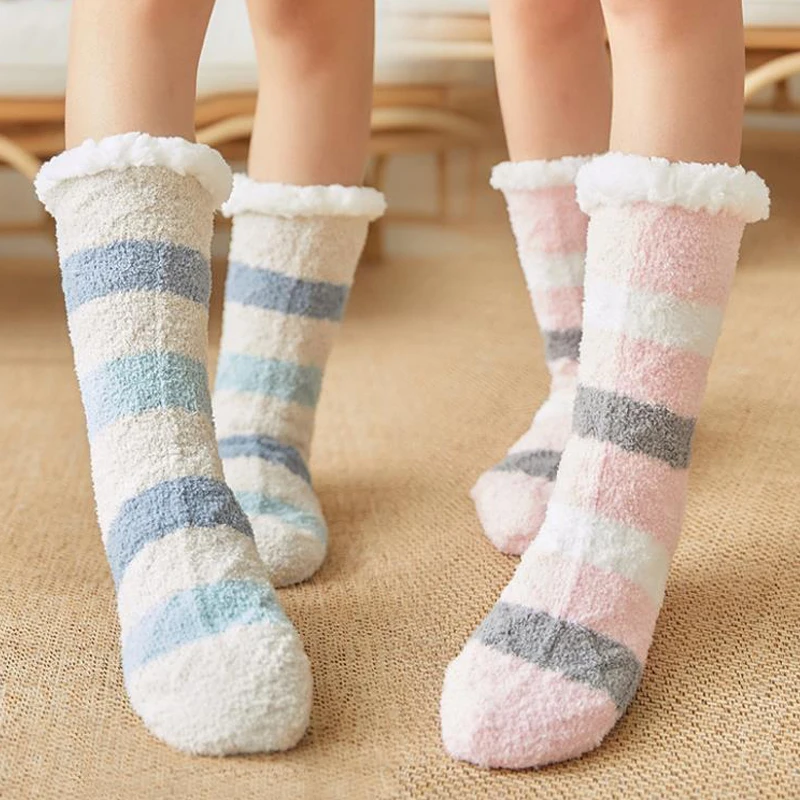 Winter Warm Socks Plus Thicken Comfortable Stripes Women Socks Mid-calf Sleep Fuzzy Stocking Xmas Gift Home Floor Carpet Socks