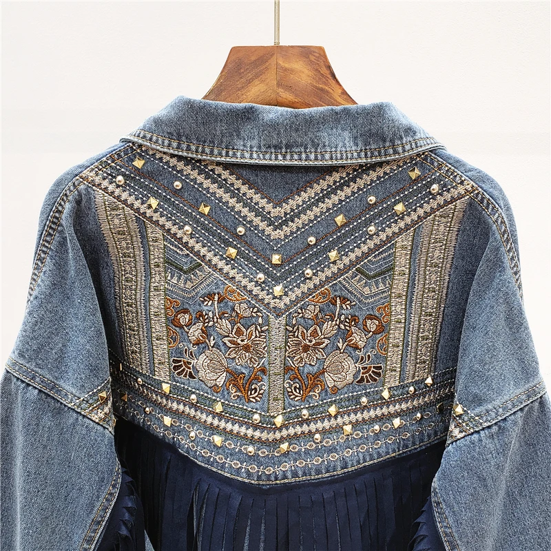 Veste en jean à broderie florale coréenne pour femme, manteau en daim à franges, manches longues, veste pour femme