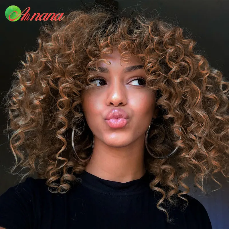 Jerry Curly Human Hair Wigs With Bangs Full Machine Made Wigs Highlight Blonde Orange Blue Colored Wigs For Women Malaysian Hair