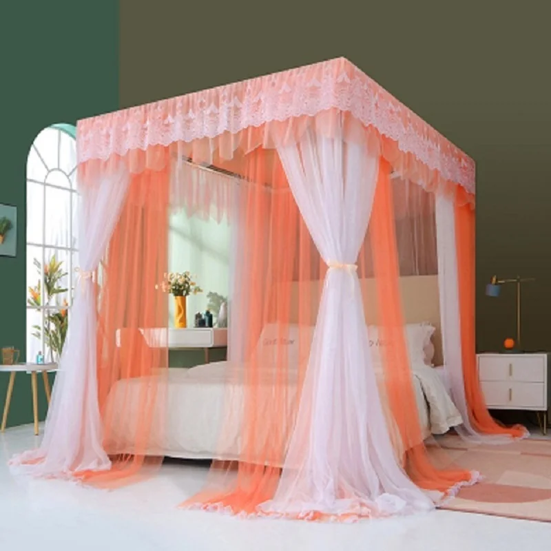 Double-layer Three-door Square Floor-to-ceiling Lace Princess Wind Bed Curtain Mosquito Net Warm Room Decoration Without Bracket