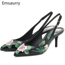 Stampa fiore punta a punta décolleté da donna Sexy tacchi alti sottili Slingbacks vera pelle Slip-on primavera Mary Janes