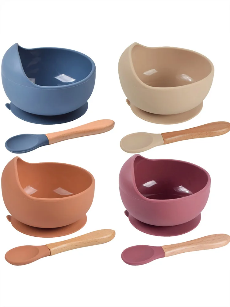 Bol d'alimentation en Silicone pour bébé, ensemble de cuillères en bois, plats pour enfants, plaque d'aspiration étanche, vaisselle pour enfants, ensemble de vaisselle, articles pour bébé, 2 pièces