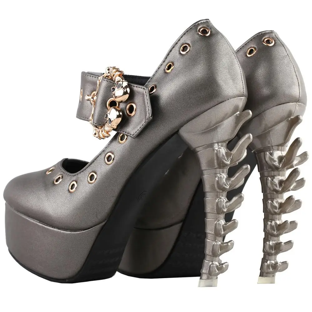 LF80690 SHOW STORY Punk Grey Skull Buckle Mary-Jane Eyelet Gladiator Platform Bone Heels Pumps