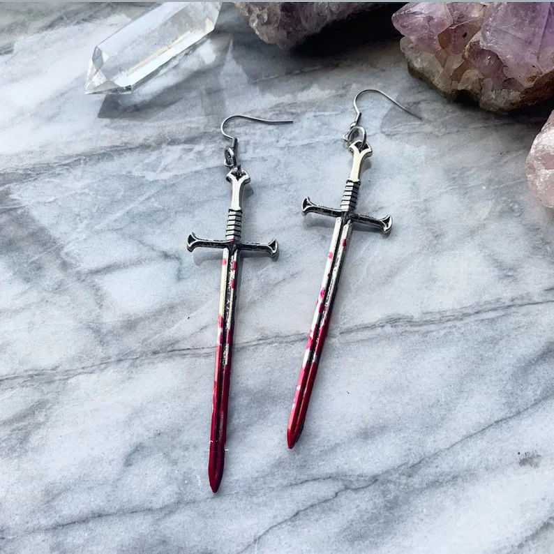 Gothic Blood Sword Earrings Ring Sword Classic Eardrop Big Sword Statement Mystical Classical Halloween Jewellery Women Gift